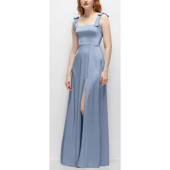 After Six Dresses & Skirts - NWT After Six Square Neck Satin Maxi Dress Bow Straps Cloudy Blue, Sz L